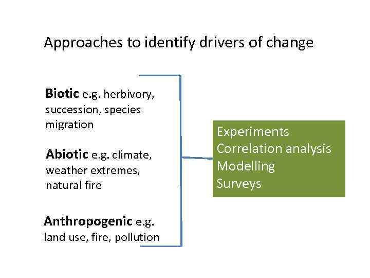 Approaches to identify drivers of change Biotic e. g. herbivory, succession, species migration Abiotic