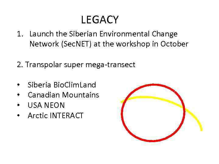 LEGACY 1. Launch the Siberian Environmental Change Network (Sec. NET) at the workshop in