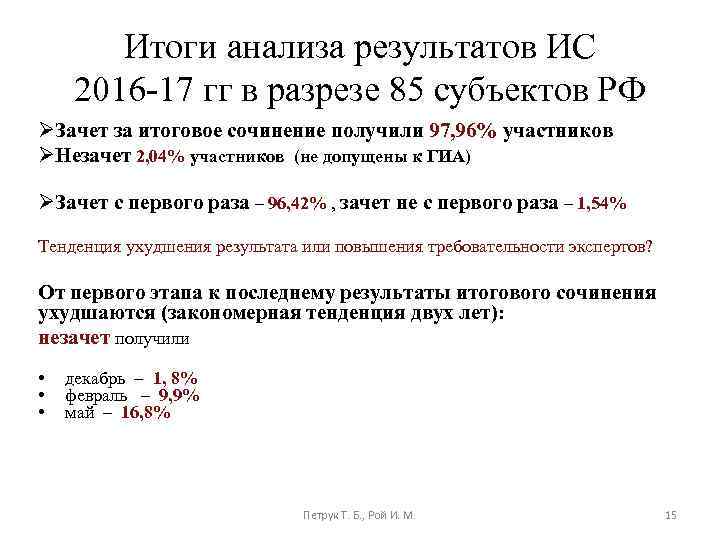 Итоги анализа результатов ИС 2016 -17 гг в разрезе 85 субъектов РФ ØЗачет за