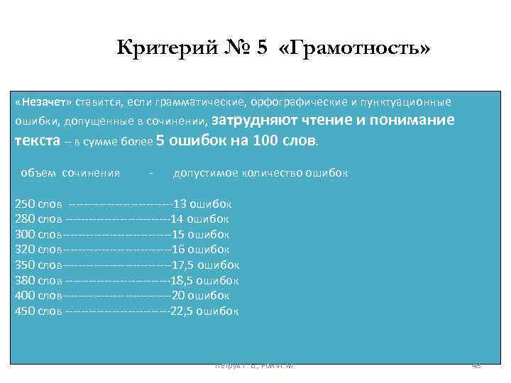 Критерий № 5 «Грамотность» «Незачет» ставится, если грамматические, орфографические и пунктуационные ошибки, допущенные в