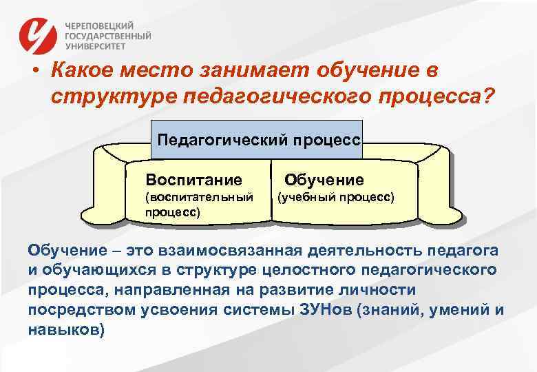  • Какое место занимает обучение в структуре педагогического процесса? Педагогический процесс Воспитание (воспитательный
