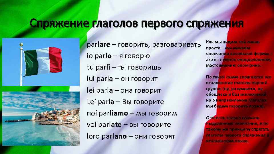 Спряжение глаголов первого спряжения parlare – говорить, разговаривать io parlo – я говорю tu