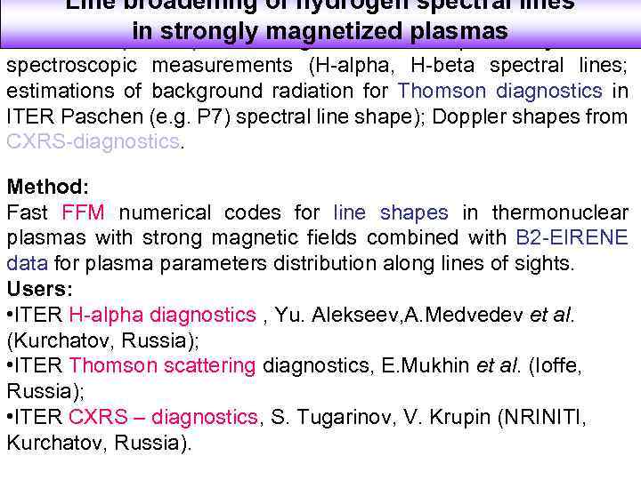 Line broadening of hydrogen spectral lines in strongly diagnostics in plasmas Goals: isotope compositionmagnetized