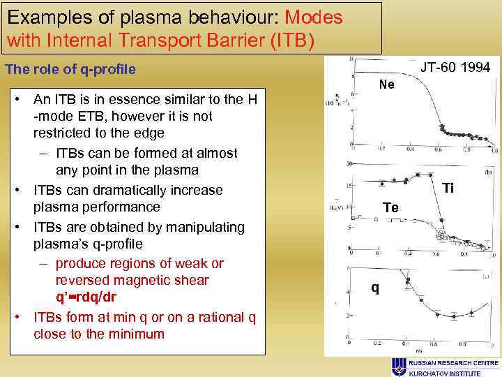 Examples of plasma behaviour: Modes with Internal Transport Barrier (ITB) JT-60 1994 The role