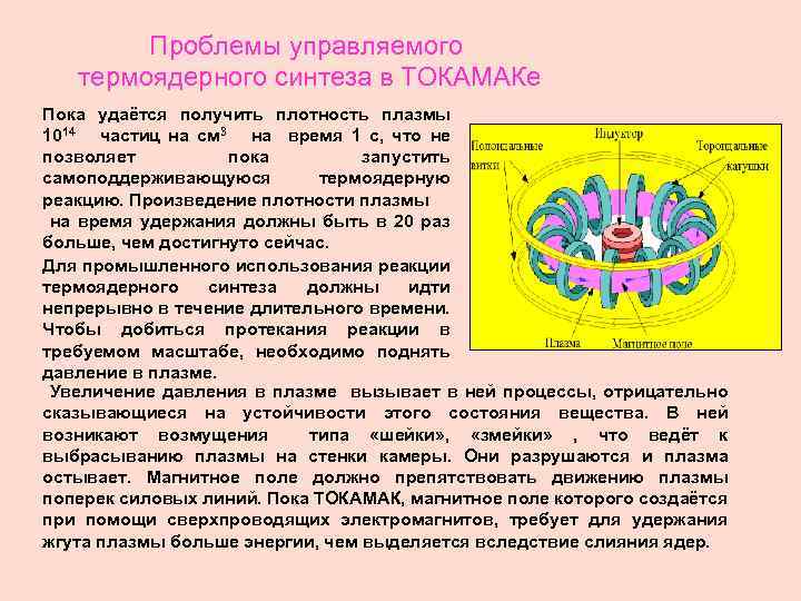 Проблемы управляемого термоядерного синтеза в ТОКАМАКе Пока удаётся получить плотность плазмы 1014 частиц на