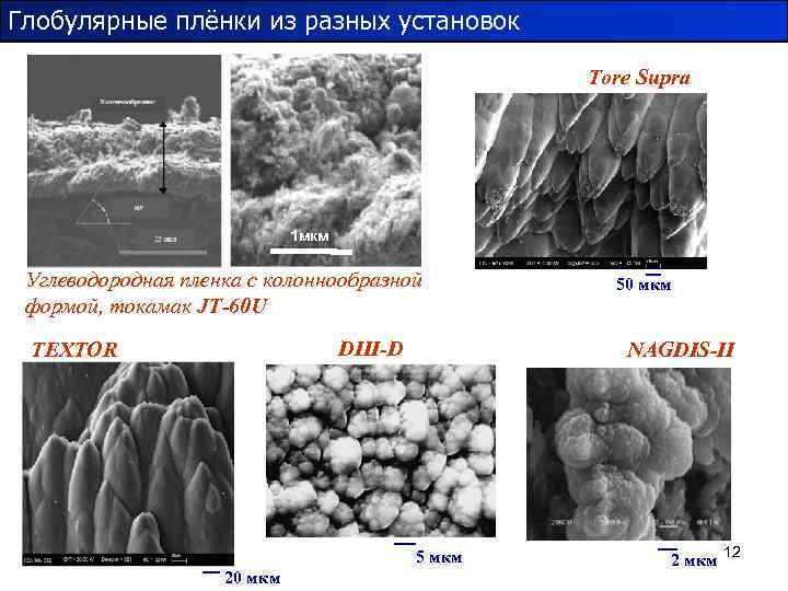 Глобулярные плёнки из разных установок Tore Supra 1 мкм Углеводородная пленка с колоннообразной формой,