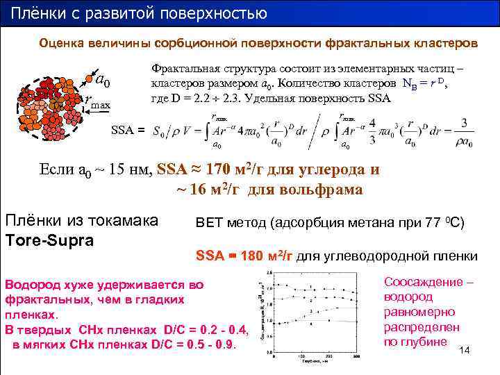 Плёнки с развитой поверхностью Оценка величины сорбционной поверхности фрактальных кластеров Фрактальная структура состоит из