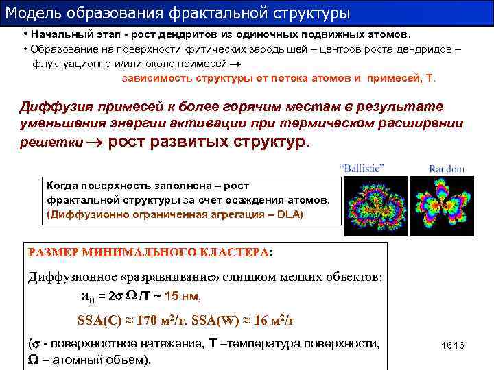 Модель образования фрактальной структуры • Начальный этап - рост дендритов из одиночных подвижных атомов.