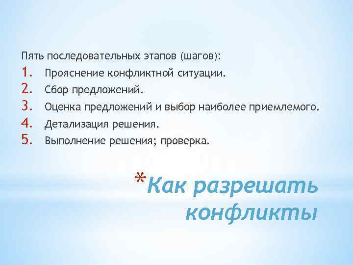 Пять последовательных этапов (шагов): 1. 2. 3. 4. 5. Прояснение конфликтной ситуации. Сбор предложений.