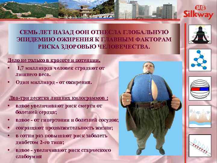 СЕМЬ ЛЕТ НАЗАД ООН ОТНЕСЛА ГЛОБАЛЬНУЮ ЭПИДЕМИЮ ОЖИРЕНИЯ К ГЛАВНЫМ ФАКТОРАМ РИСКА ЗДОРОВЬЮ ЧЕЛОВЕЧЕСТВА.