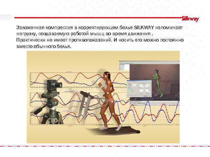 Заложенная компрессия в корректирующем белье SILKWAY напоминает нагрузку, создаваемую работой мышц во время движения.
