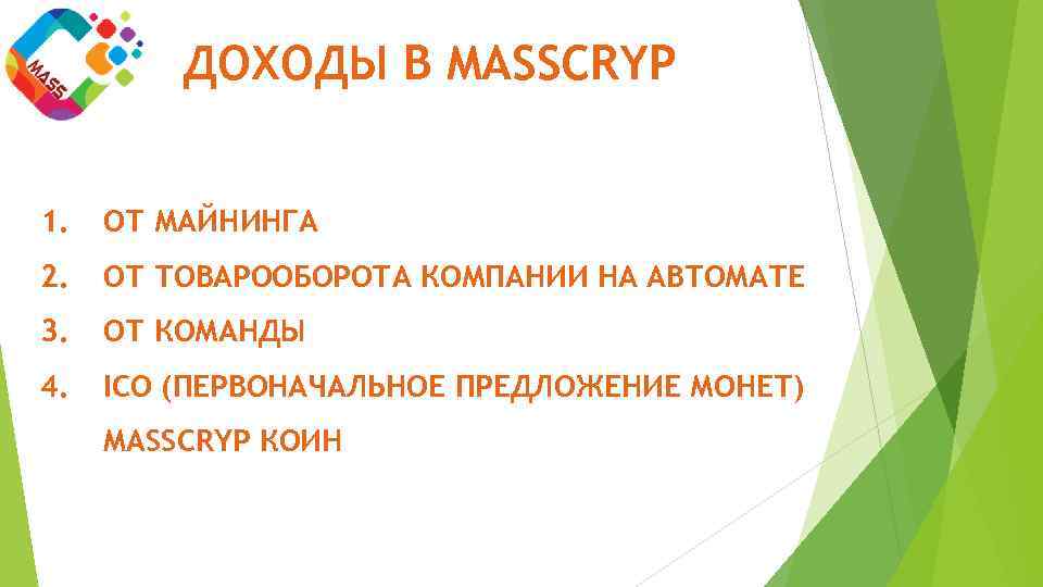 ДОХОДЫ В MASSCRYP 1. ОТ МАЙНИНГА 2. ОТ ТОВАРООБОРОТА КОМПАНИИ НА АВТОМАТЕ 3. ОТ