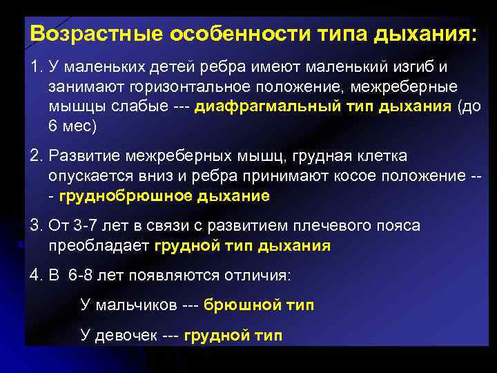 Возрастные особенности типа дыхания: 1. У маленьких детей ребра имеют маленький изгиб и занимают