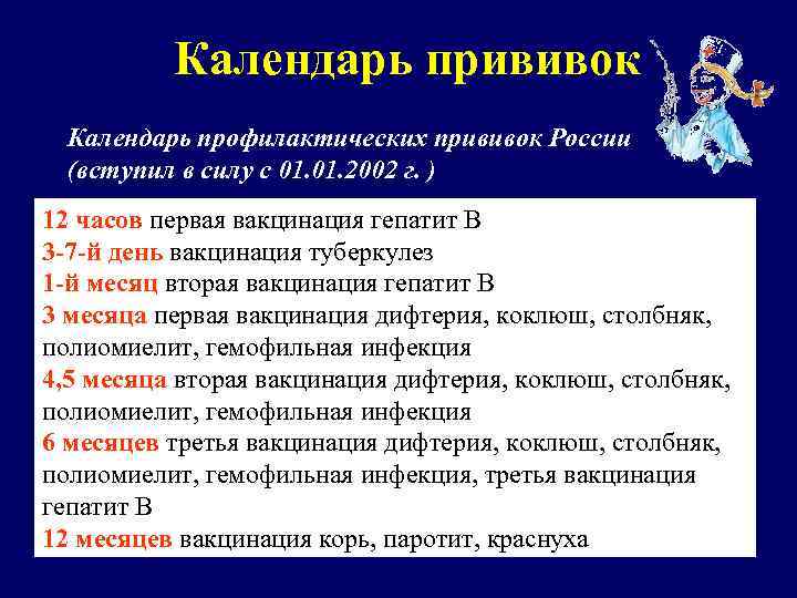 Календарь прививок Календарь профилактических прививок России (вступил в силу с 01. 2002 г. )