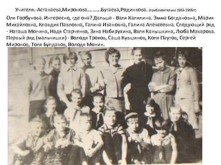 Учителя. -Астанаева, Миронова. . Бугаева, Родинкова. (приблизительно 1963 -1966 гг) Оля Горбунова. Интересно, где