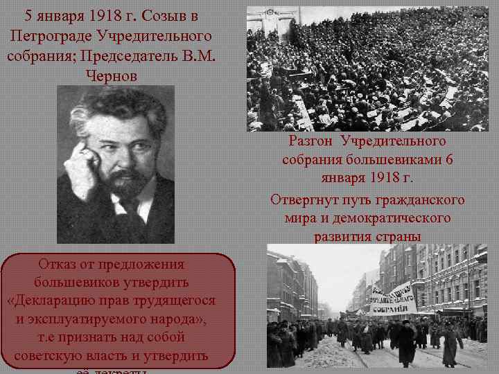 5 января 1918 г. Созыв в Петрограде Учредительного собрания; Председатель В. М. Чернов Разгон