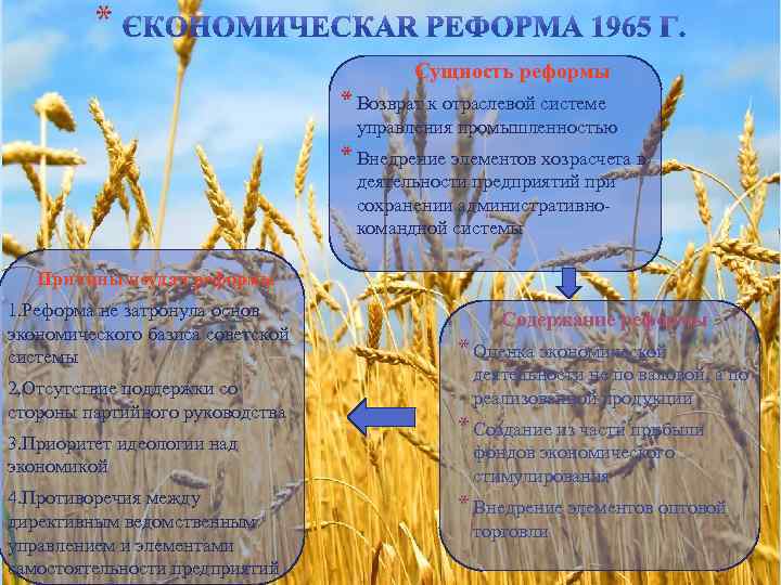 * Сущность реформы * Возврат к отраслевой системе управления промышленностью * Внедрение элементов хозрасчета