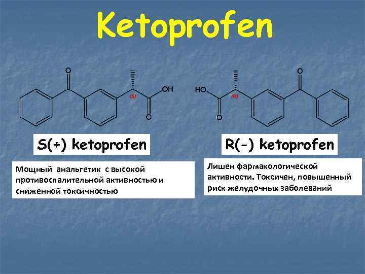 Ketoprofen S(+) ketoprofen R(-) ketoprofen Мощный анальгетик с высокой противоспалительной активностью и сниженной токсичностью