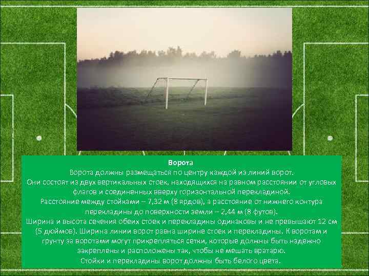 Ворота должны размещаться по центру каждой из линий ворот. Они состоят из двух вертикальных