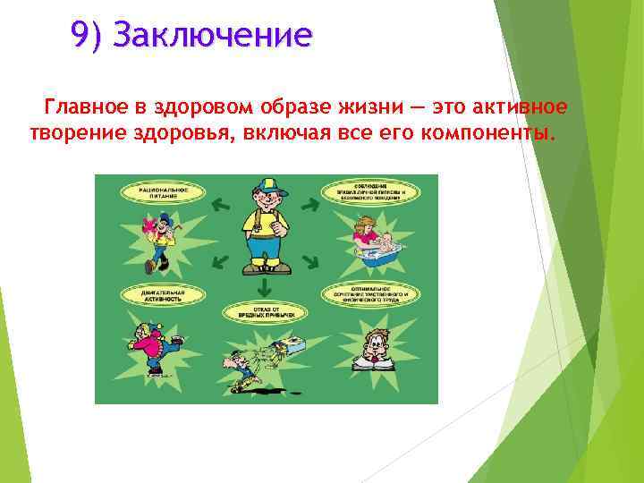 9) Заключение Главное в здоровом образе жизни — это активное творение здоровья, включая все