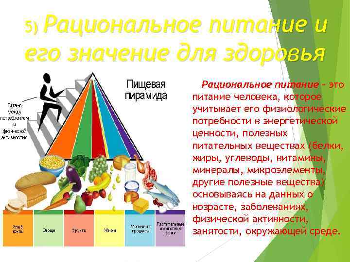 5) Рациональное питание и его значение для здоровья Рациональное питание - это питание человека,