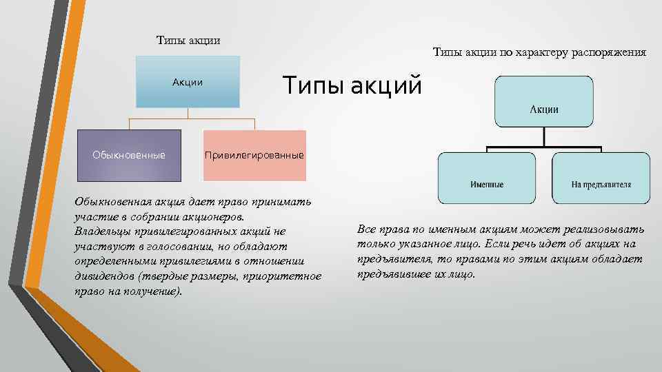 Типы акции Акции Обыкновенные Типы акции по характеру распоряжения Типы акций Привилегированные Обыкновенная акция