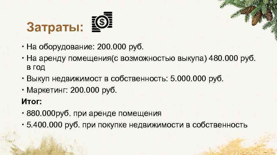 Затраты: На оборудование: 200. 000 руб. На аренду помещения(с возможностью выкупа) 480. 000 руб.