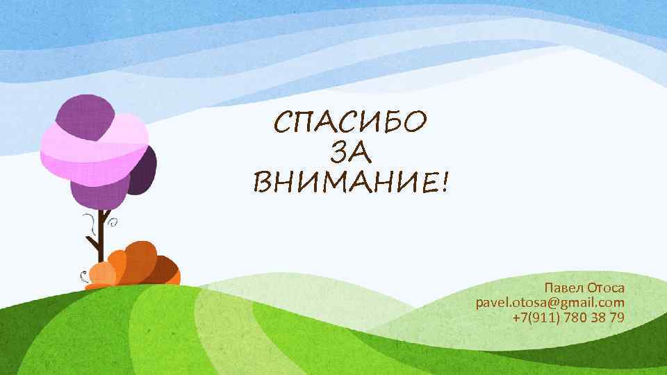 СПАСИБО ЗА ВНИМАНИЕ! Павел Отоса pavel. otosa@gmail. com +7(911) 780 38 79 