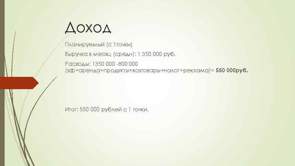 Доход Планируемый (с 1 точки) Выручка в месяц (средн): 1 350 000 руб. Расходы: