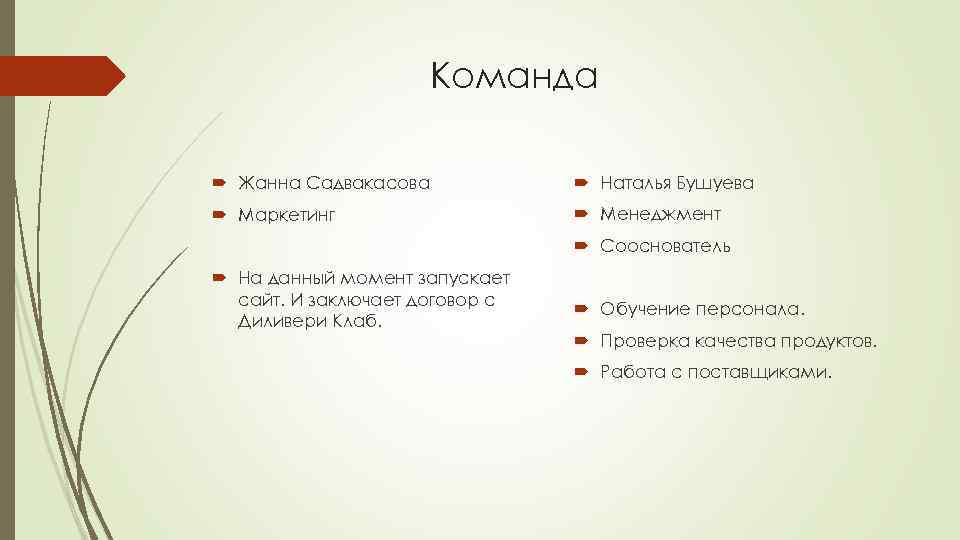 Команда Жанна Садвакасова Наталья Бушуева Маркетинг Менеджмент Сооснователь На данный момент запускает сайт. И