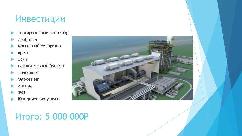 Инвестиции сортировочный конвейер дробилка магнитный сепаратор пресс баки накопительный бункер Транспорт Маркетинг Аренда Фот