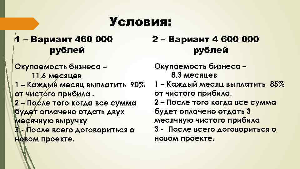 Условия: 1 – Вариант 460 000 рублей 2 – Вариант 4 600 000 рублей