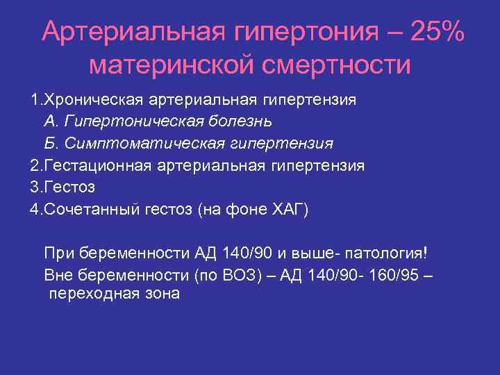 Артериальная гипертония – 25% материнской смертности 1. Хроническая артериальная гипертензия А. Гипертоническая болезнь Б.