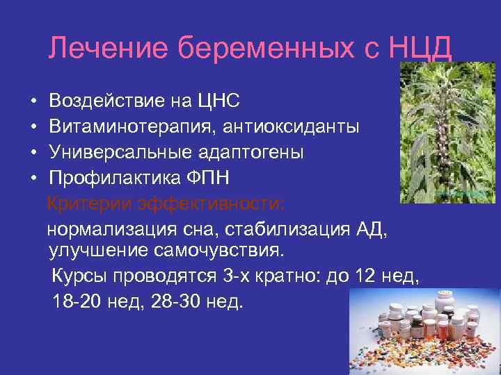 Лечение беременных с НЦД • • Воздействие на ЦНС Витаминотерапия, антиоксиданты Универсальные адаптогены Профилактика