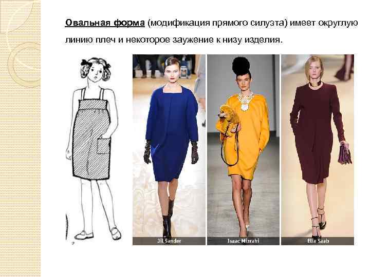 Овальная форма (модификация прямого силуэта) имеет округлую линию плеч и некоторое заужение к низу