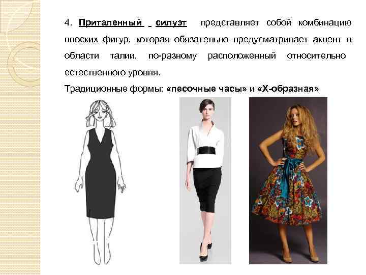 4. Приталенный силуэт представляет собой комбинацию плоских фигур, которая обязательно предусматривает акцент в области