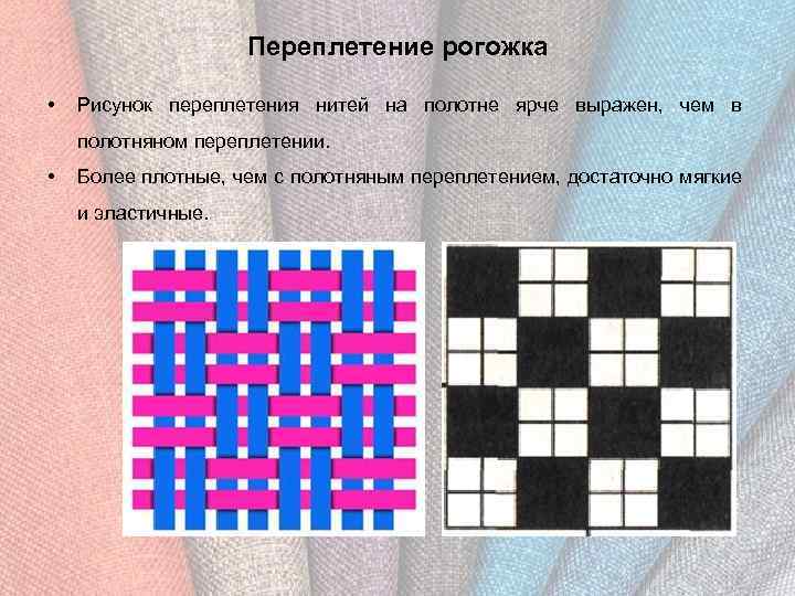 Переплетение рогожка • Рисунок переплетения нитей на полотне ярче выражен, чем в полотняном переплетении.