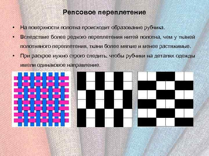 Репсовое переплетение • На поверхности полотна происходит образование рубчика. • Вследствие более редкого переплетения