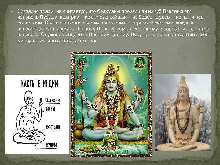  Согласно традиции считается, что брахманы произошли из губ Вселенского человека Пуруши; кшатрии –