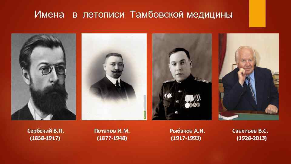 Имена в летописи Тамбовской медицины Сербский В. П. (1858 -1917) Потапов И. М. (1877