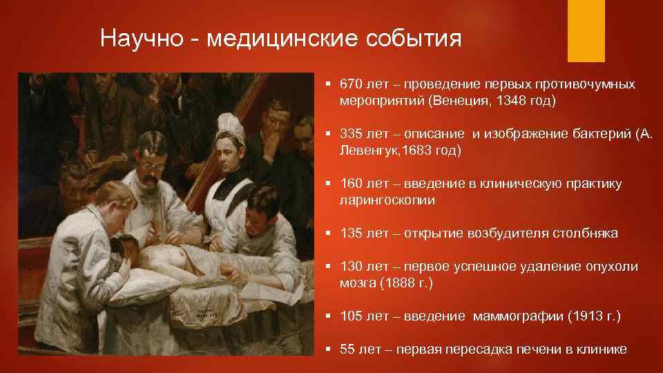 Научно - медицинские события § 670 лет – проведение первых противочумных мероприятий (Венеция, 1348