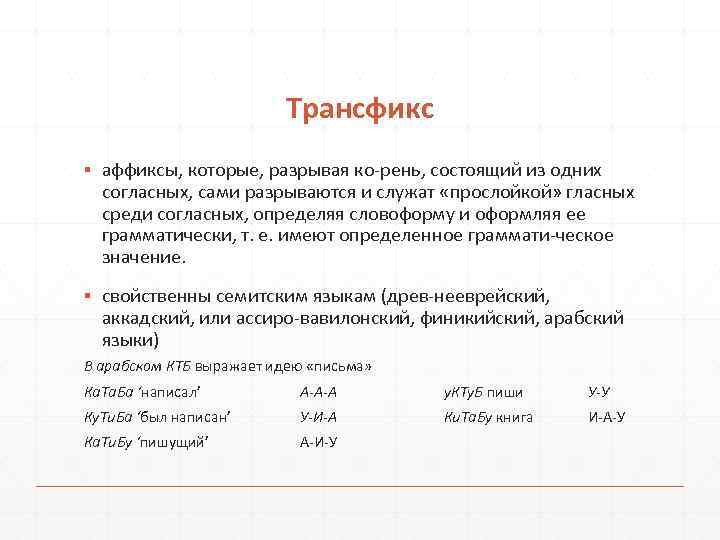 Трансфикс ▪ аффиксы, которые, разрывая ко рень, состоящий из одних согласных, сами разрываются и