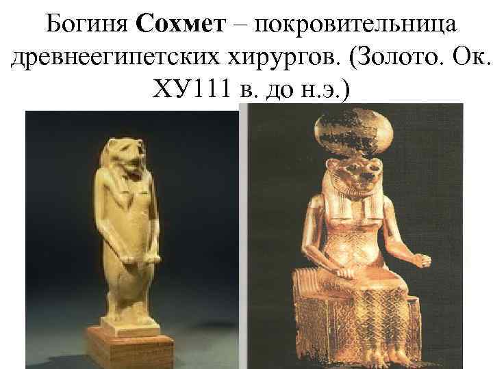 Богиня Сохмет – покровительница древнеегипетских хирургов. (Золото. Ок. ХУ 111 в. до н. э.