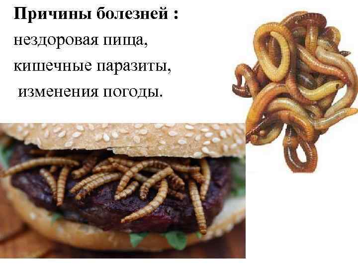 Причины болезней : нездоровая пища, кишечные паразиты, изменения погоды. 