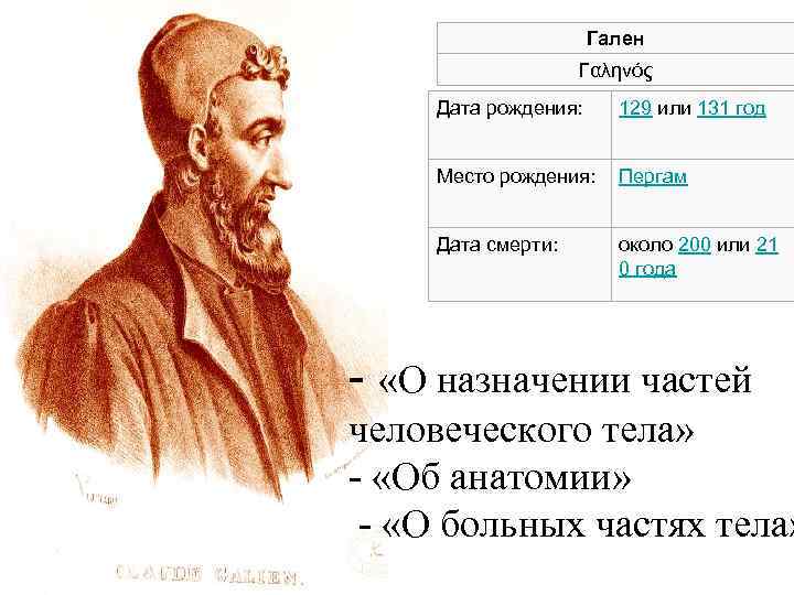 Гален Γαληνός Дата рождения: 129 или 131 год Место рождения: Пергам Дата смерти: около