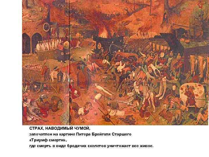 СТРАХ, НАВОДИМЫЙ ЧУМОЙ, запечатлен на картине Питера Брейгеля Старшего «Триумф смерти» , где смерть