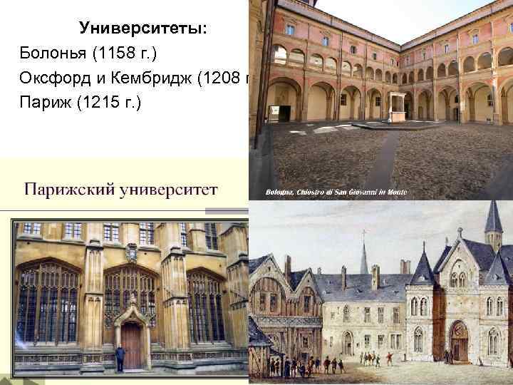 Университеты: Болонья (1158 г. ) Оксфорд и Кембридж (1208 г. ) Париж (1215 г.