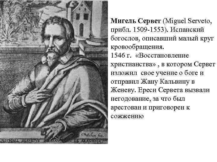 Мигель Сервет (Miguel Serveto, прибл. 1509 -1553). Испанский богослов, описавший малый круг кровообращения. 1546