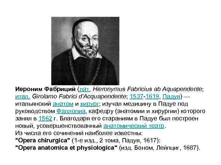 Иероним Фабриций (лат. Hieronymus Fabricius ab Aquapendente; итал. Girolamo Fabrici d'Acquapendente; 1537 -1619, Падуя)