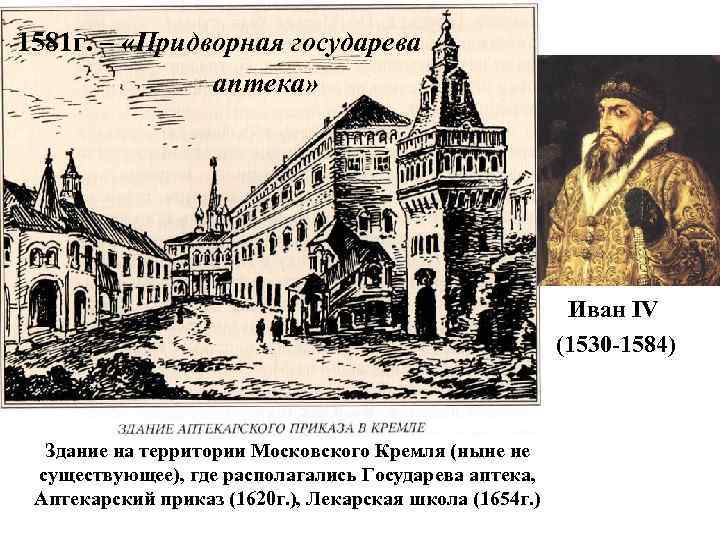1581 г. – «Придворная государева аптека» Иван IV (1530 -1584) Здание на территории Московского